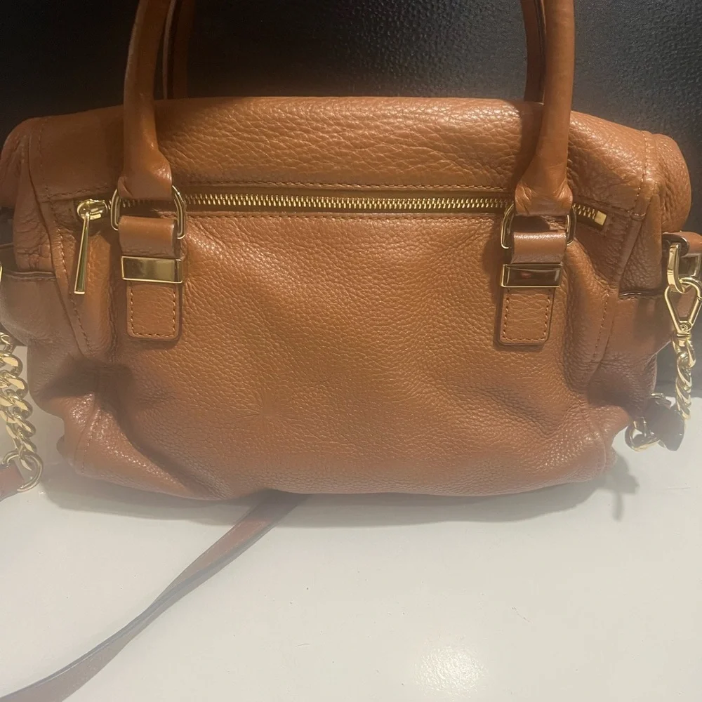 Michael Kors Cognac Pebbled Leather Fold Over Satchel with Tassel - Picture 3 of 8